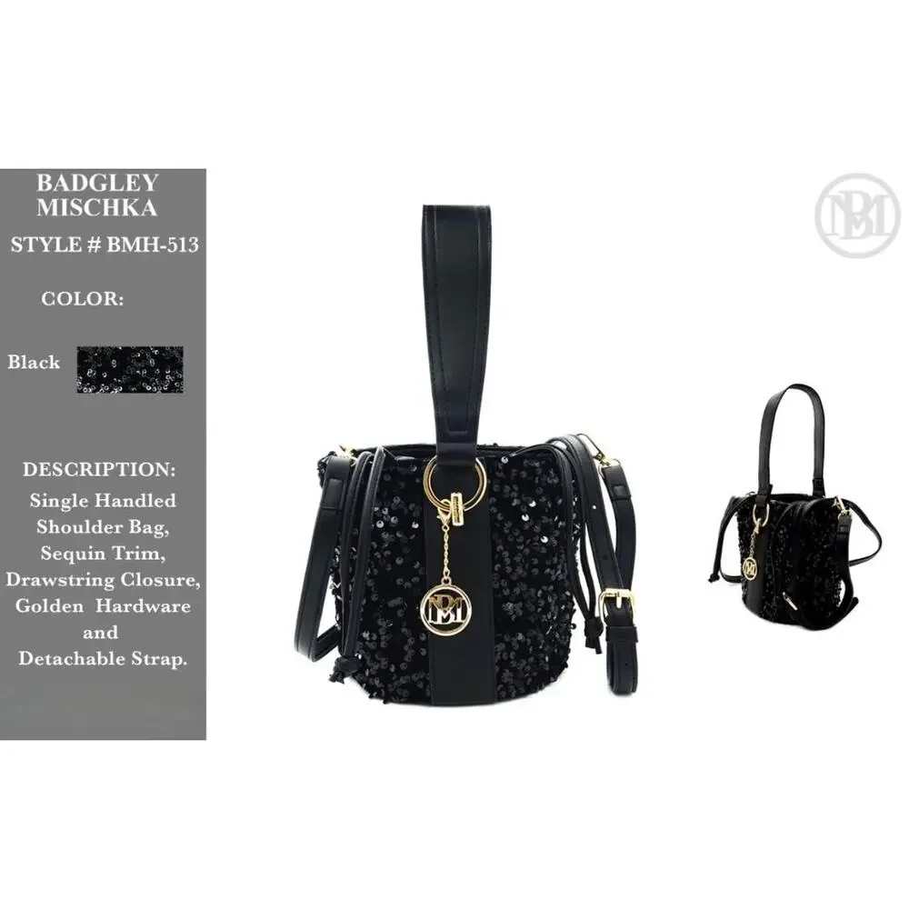 Badgley Mischka Black Sequin Bucket Bag NWT Crossbody MSRP $159